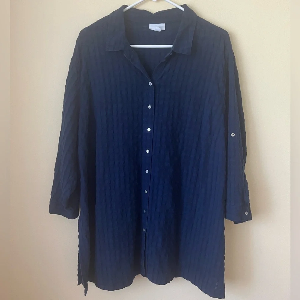 J Jill Button Up Tunic Top Gauze Textured Navy Blue Cotton 3X Roll Tab Sleeves - Picture 2 of 4